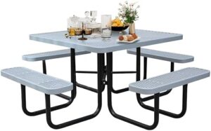 Experience the ultimate outdoor gathering spot with this sturdy 46Inch Square Picnic Table for 8, featuring heavy-duty metal construction and 4 benches. Perfect for garden, BBQ, or party events!
