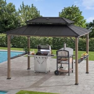 Here is the optimized SEO meta description:

"Perfect outdoor cooking shelter with steel hardtop gazebo and solar power. Includes 2 full-size grills for year-round grilling and BBQs, great for backyard parties!"