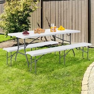 Enjoy al fresco dining with Giantex's picnic table bench set, featuring 2 long benches and durable HDPE metal legs. Perfect for BBQs, parties, or casual gatherings.