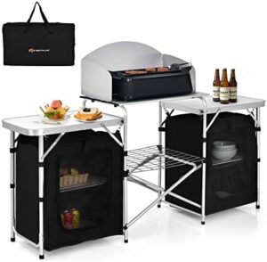 Here is the output:

"Elevate your outdoor dining experience with Goplus' folding camping kitchen table featuring aluminum construction, windscreen and storage. Perfect for BBQs, grills, parties and picnics."