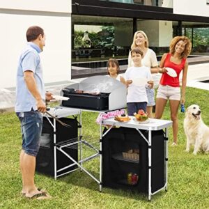 Here is the output:

"Elevate your outdoor dining experience with Goplus' folding camping kitchen table featuring aluminum construction, windscreen and storage. Perfect for BBQs, grills, parties and picnics."