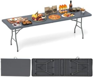 Elevate your gatherings with the Tangkula 8 FT Folding Table, featuring a sturdy metal frame and heavy-duty HDPE tabletop. Perfect for indoor or outdoor use, this foldable table folds in half for easy storage.