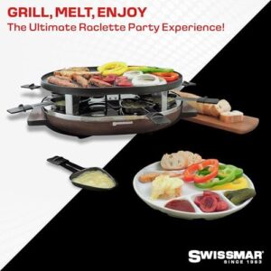 Discover the SwissMar Matterhorn Oval Raclette Table Grill Indoor with reversible cast aluminum non-stick grill plate and wood base, perfect for parties and family bonding. Ideal for 8-person gatherings.