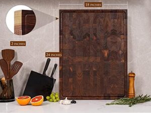 Elevate your kitchen prep with this premium AZRHOM cutting board, featuring a thick walnut wood end grain construction, juice groove handles, and non-slip pats. Perfect for the serious cook or chef!