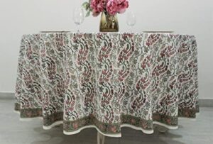 Here is the optimized meta description:

"Elevate your table setting with Ridhi's Coral Pink Trails 100% cotton round tablecloth, featuring a beautiful hand-block print. Perfect for farmhouse parties, weddings and more."