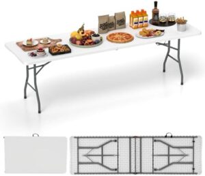 Discover a versatile and sturdy folding table perfect for indoor or outdoor use. With a heavy-duty HDPE tabletop and metal frame, this 8 FT portable table is ideal for camping, BBQs, or parties.