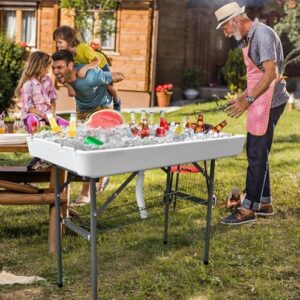 Here is the output:

"Host your next party or BBQ with ease using this folding ice table with drain, perfect for outdoor events and featuring a spacious 4ft surface"