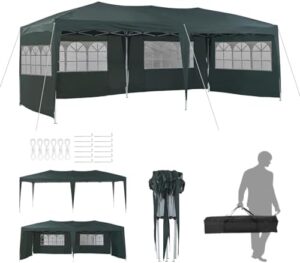 Maximize your outdoor events with this 10x20 party tent featuring 6 removable sidewalls, carry bag and pop-up canopy. Ideal for weddings, BBQs and parties, this waterproof gazebo offers all-season UV protection.