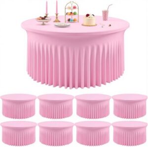 Enhance your party atmosphere with Outpain's 8 Pack Pink Spandex Round Tablecloths, featuring stretchy fitted designs and wrinkle-free skirts for seamless wedding or banquet hosting. Perfect for 6FT tables!