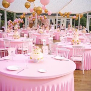 Enhance your party atmosphere with Outpain's 8 Pack Pink Spandex Round Tablecloths, featuring stretchy fitted designs and wrinkle-free skirts for seamless wedding or banquet hosting. Perfect for 6FT tables!