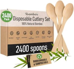 Discover the eco-friendly alternative to traditional utensils with this 100% bamboo spoons set, featuring 2400 compostable and reusable utensils for weddings, camping, or parties.