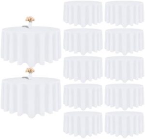 Discover 12-pack white round tablecloths with stain and wrinkle resistant polyester fabric, perfect for weddings, parties, or banquets. Washable and reusable, ideal for your next event.