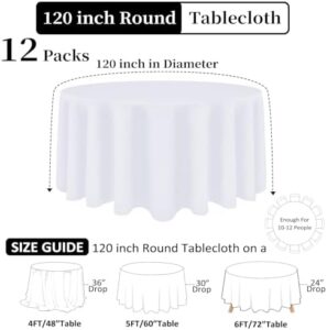Discover 12-pack white round tablecloths with stain and wrinkle resistant polyester fabric, perfect for weddings, parties, or banquets. Washable and reusable, ideal for your next event.