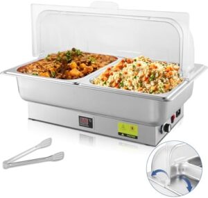 Optimize your catering events with this versatile electric chafing dish buffet set featuring 2 x 4.5QT compartments, adjustable temperature control, and a roll-top design for easy serving. Perfect for parties and gatherings!