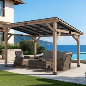 Elevate your outdoor gatherings with this 10x12 FT wood grill gazebos featuring a hardtop sloping steel roof and cedar frame patio awning perfect for BBQ, garden, or deck parties.