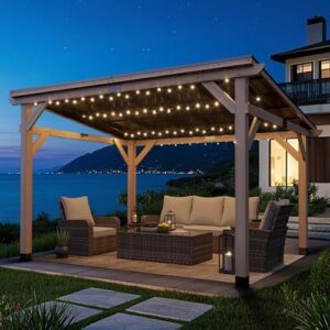 Elevate your outdoor gatherings with this 10x12 FT wood grill gazebos featuring a hardtop sloping steel roof and cedar frame patio awning perfect for BBQ, garden, or deck parties.