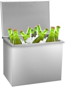 Here is the generated SEO meta description:

"Stay cool and refreshed with this 115-quart stainless steel ice cooler featuring an ergonomic handle, hinged cover, and drain-pipe set. Perfect for outdoor kitchens, patios, or bars."