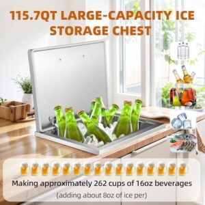 Here is the generated SEO meta description:

"Stay cool and refreshed with this 115-quart stainless steel ice cooler featuring an ergonomic handle, hinged cover, and drain-pipe set. Perfect for outdoor kitchens, patios, or bars."
