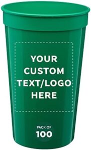 "Customize your party with this set of 100 personalized plastic stadium cups. Ideal for birthdays, picnics, and beach gatherings. Great value at a discounted price!"