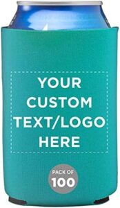 "Stay cool with this set of 100 customizable Neoprene can coolers, perfect for weddings, parties and outdoor events. Unique turquoise design, 12 oz capacity and personalized bulk pack."