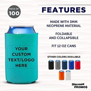 "Stay cool with this set of 100 customizable Neoprene can coolers, perfect for weddings, parties and outdoor events. Unique turquoise design, 12 oz capacity and personalized bulk pack."