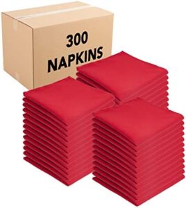 Bulk dinner napkins with hemmed edges for weddings, parties, and more. Soft spun polyester fabric, 300-count case, 20x20 inches, red color. Perfect for everyday use or special events.