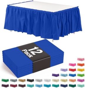 Enhance your party decor with the Ruffle Table Skirt Dark Blue, a 48-pack of table skirts for rectangle tables 6ft+ or round tables. Perfect for gender reveal parties and birthdays.