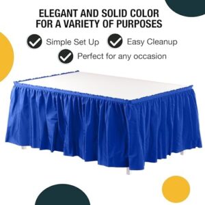 Enhance your party decor with the Ruffle Table Skirt Dark Blue, a 48-pack of table skirts for rectangle tables 6ft+ or round tables. Perfect for gender reveal parties and birthdays.