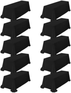 Upgrade your event planning with the YMHPRIDE 10 Pack Black Tablecloth, ideal for weddings, parties and banquets. Durable polyester fabric, washable and rectangle-shaped for 8-foot tables, measuring 90 x 156 inches. Perfect for a seamless look.
