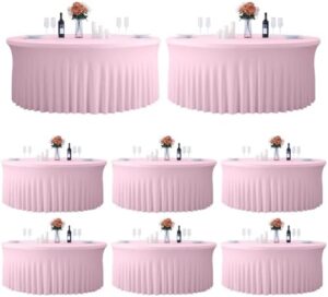 Upgrade your dining experience with our 8-pack round tablecloths, featuring fitted elastic and a spandex skirt. Perfect for indoor and outdoor events, these 60-inch covers fit most folding tables.