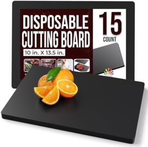 Get ready to revolutionize your kitchen prep with these 300-count black disposable cutting boards, perfect for everyday use. Dimensions: 12" x 17.5". Recyclable and patent-pending design.