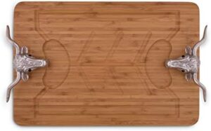 Elevate your entertaining with this Arthur Court Designs Aluminum Longhorn Handle Bamboo Wood Carving/Cheese Board, featuring a large tray for serving meats or appetizers up to 20x13 inches. Perfect for gatherings!