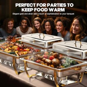 Discover elegant buffet solutions with this 4-pack chafing dish set featuring stainless steel construction, gold and silver accents, and rolled edges. Perfect for parties!