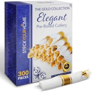 Discover the ultimate convenience with this 300-piece pre-rolled gold plastic cutlery set, featuring individually wrapped forks, knives, spoons, napkins, and perfect for parties and weddings.