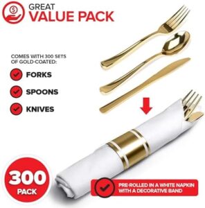 Discover the ultimate convenience with this 300-piece pre-rolled gold plastic cutlery set, featuring individually wrapped forks, knives, spoons, napkins, and perfect for parties and weddings.