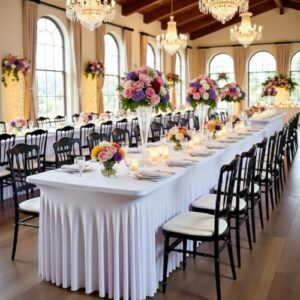 Get ready to elevate your events with these white spandex table clothes, perfect for 8ft rectangle tables. Wrinkle-free and stretchy, they're ideal for parties, weddings, birthdays, and more.