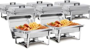 Super Deal's 8 Pack food warmer set with foldable legs and stainless steel chafer dish perfect for parties and buffets. Boost your catering game with this versatile, compact solution.
