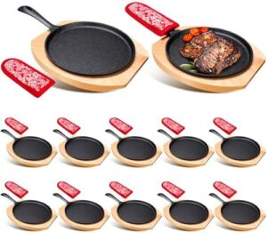 Here is the generated SEO meta description:

"12-piece cast iron skillet set with wooden base and anti-scald protection, ideal for kitchen BBQs, home parties or restaurant catering. Perfectly sized 7.87-inch round fajita pans with hot mitt included."