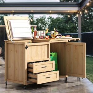 Enhance your backyard gatherings with the Outdoor Kitchen cart featuring a beer cooler, foldable tabletop, and ample storage. Perfect for camping, family BBQs, or outdoor parties. Save up to 30% on this versatile grill station!