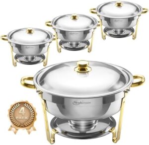 Here is the optimized SEO meta description:

"Bring elegance to your buffet with this 4-pack of stainless steel chafing dishes in elegant gold and silver colors. Perfect for any party, these 6QT round dishes are durable and easy to clean."