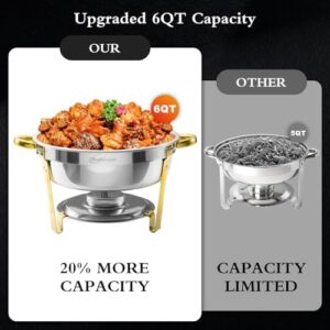 Here is the optimized SEO meta description:

"Bring elegance to your buffet with this 4-pack of stainless steel chafing dishes in elegant gold and silver colors. Perfect for any party, these 6QT round dishes are durable and easy to clean."