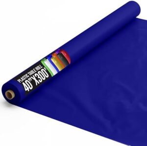 Maximize your party planning with this Exquisite Party Solids Navy Plastic Table Cover Roll, featuring a thick 0.5 MIL premium quality and 4-pack of 40" X 300' tablecloths for effortless decoration.