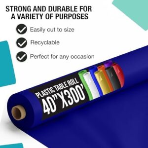 Maximize your party planning with this Exquisite Party Solids Navy Plastic Table Cover Roll, featuring a thick 0.5 MIL premium quality and 4-pack of 40" X 300' tablecloths for effortless decoration.