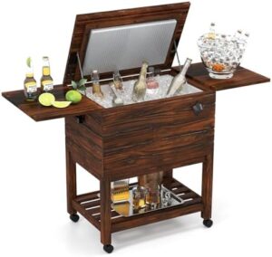 Here is the optimized SEO meta description:

"Stay cool and serve up fun with Tangkula's rolling patio cooler cart featuring 54-quart ice chest, 2 drop tables, bottle opener & lockable wheels. Perfect for poolside, backyard, party or BBQ!"