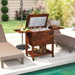 Here is the optimized SEO meta description:

"Stay cool and serve up fun with Tangkula's rolling patio cooler cart featuring 54-quart ice chest, 2 drop tables, bottle opener & lockable wheels. Perfect for poolside, backyard, party or BBQ!"