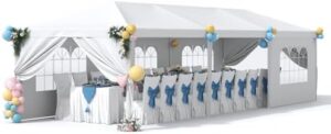 Host a memorable party or wedding under the waterproof Greesum 10x30 Outdoor Canopy Tent with 8 removable walls and white canopies, perfect for any outdoor event.