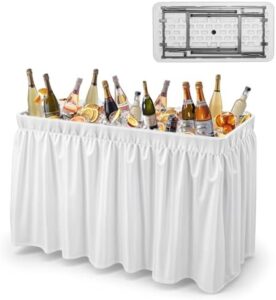 Portable party ice cooler folding table perfect for camping, tailgating, and picnics. Compact design with matching skirt and 4-foot surface ideal for BBQs, gatherings, or fishing trips.