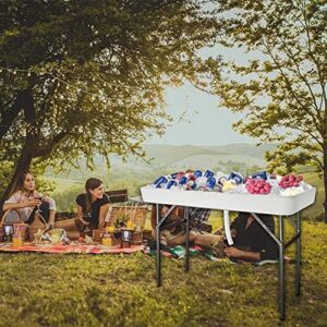 Portable party ice cooler folding table perfect for camping, tailgating, and picnics. Compact design with matching skirt and 4-foot surface ideal for BBQs, gatherings, or fishing trips.