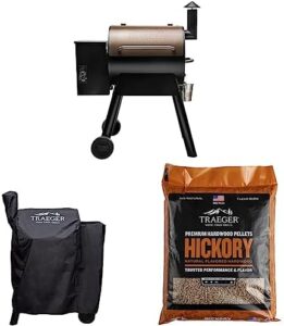 Here is the generated meta description:

"Upgrade your grilling experience with Traeger's Pro Series 22 electric wood pellet grill, featuring bronze construction and extra-large cooking space. Includes full-length grill cover and Hickory wood pellets for a smoky flavor."