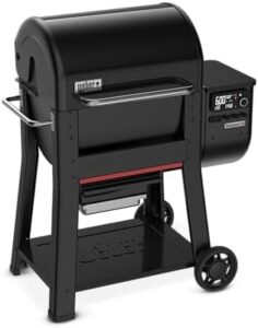 "Upgrade your backyard BBQs with Weber's Searwood 600 Pellet Grill, featuring 884 sq in cooking space and adjustable heat control. Perfect for grilling enthusiasts on a budget."